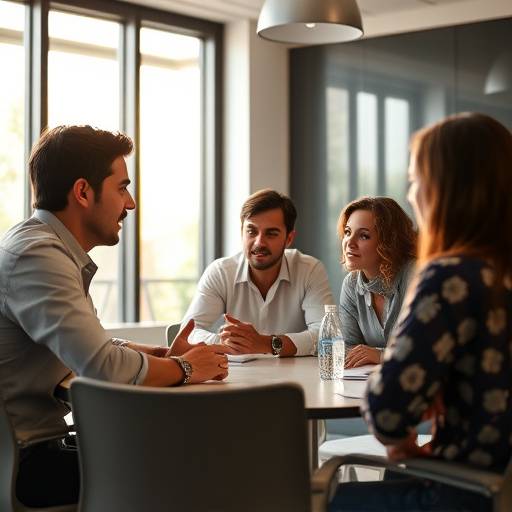 Team brainstorming ideas for a video project in a meeting room
